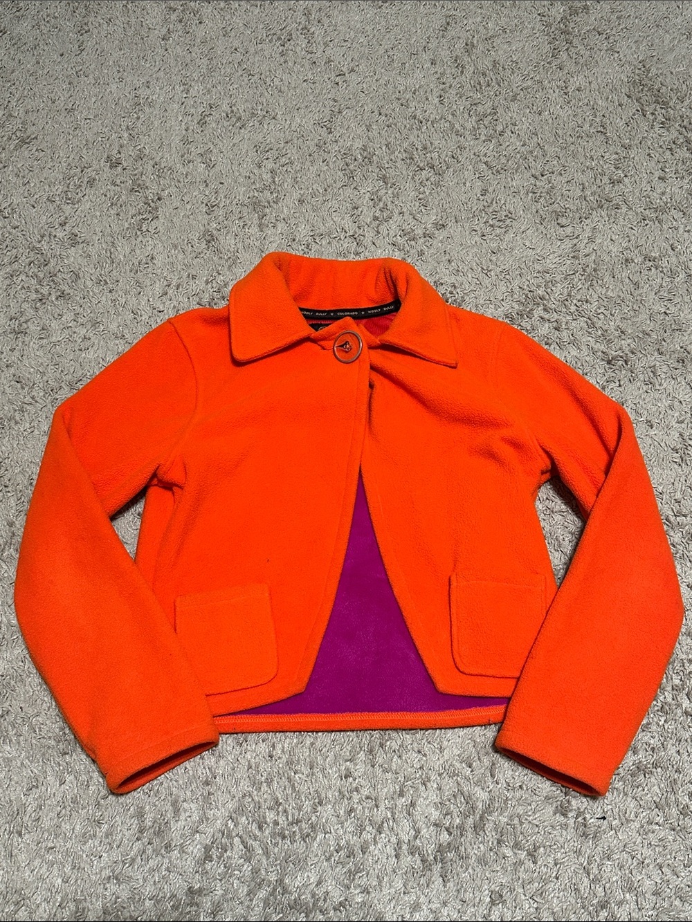 Wooly bully Wear Colorado Bright Orange Cropped Blazer Jacket with Purple Lining
